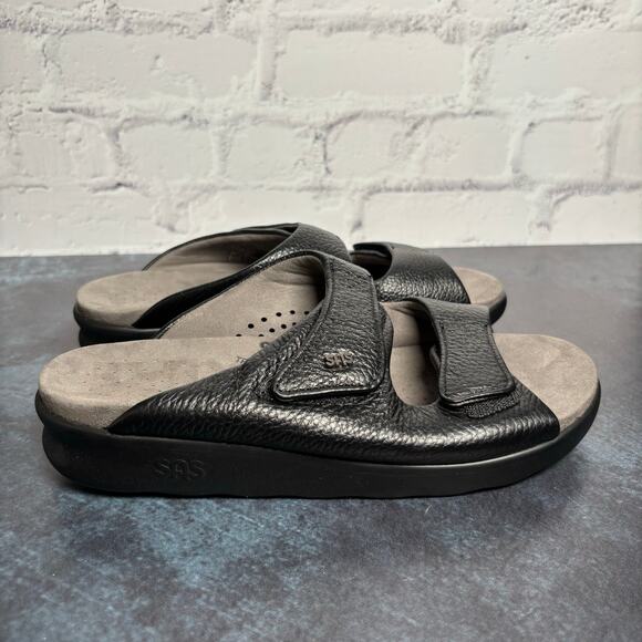 SAS Women's Cozy Slide Sandal Black Leather Comfort Shoe Adjustable Strap Size 7 - Picture 2 of 11